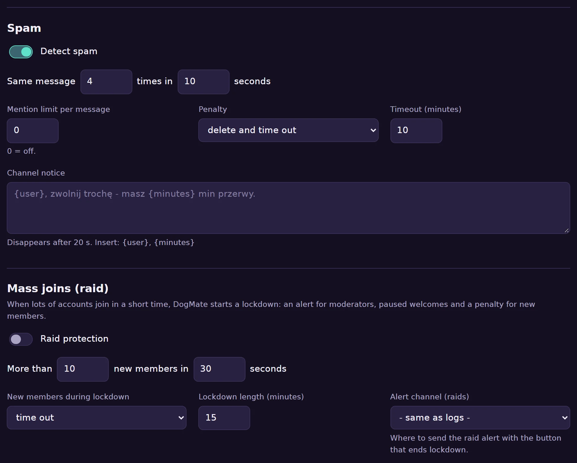Spam and raid protection settings in the DogMate dashboard